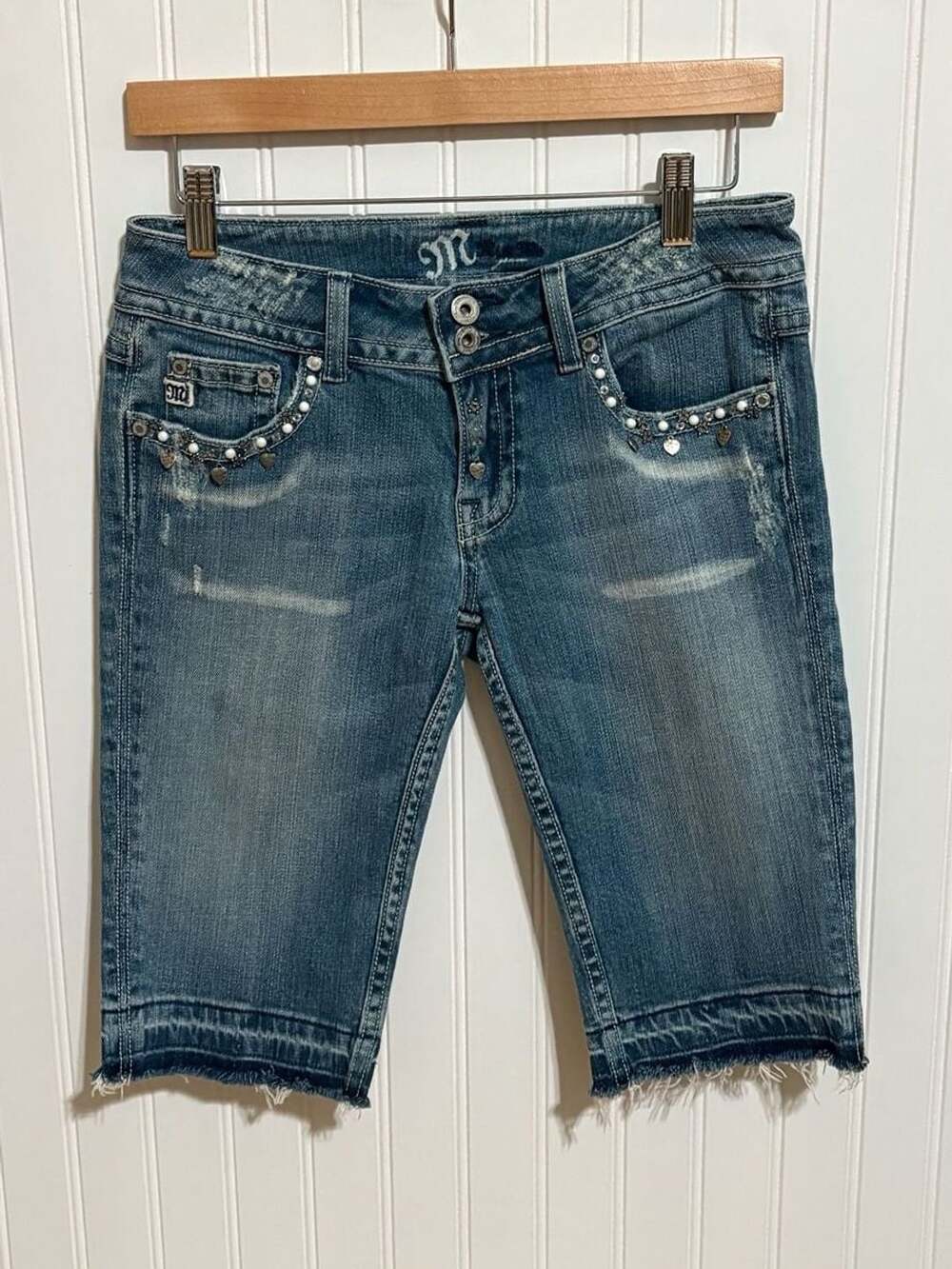 Y2K Miss Me Bermuda Denim Shorts Size 28 Light Highland 02 Distressed Embellishe